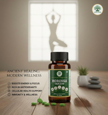 Bottle of Moringa tablets on a wooden surface with a silhouette of a person in the background.