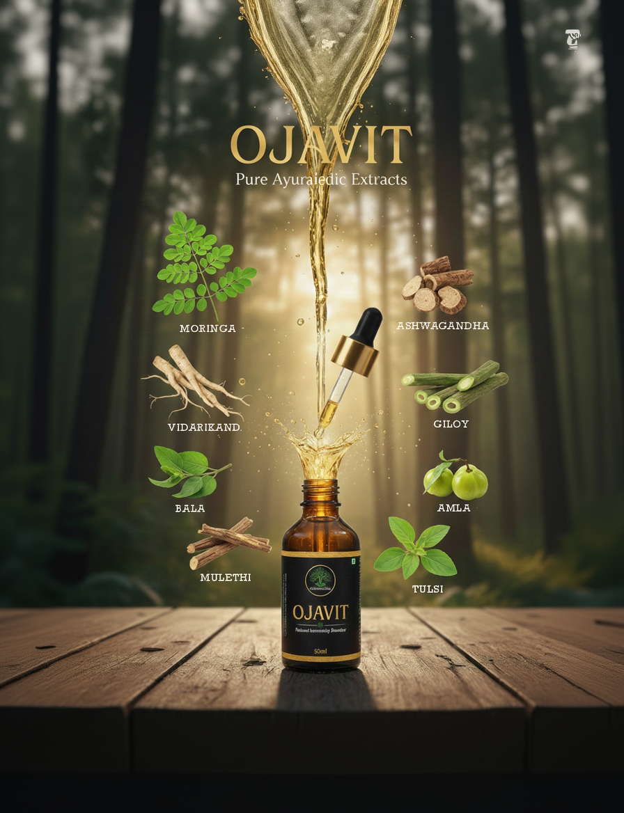 Ojavit Ayurvedic extract bottle with ingredients on a wooden surface and forest background