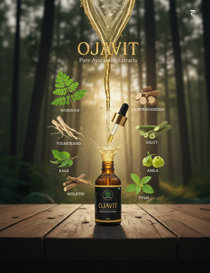 Ojavit Ayurvedic extract bottle with ingredients on a wooden surface and forest background