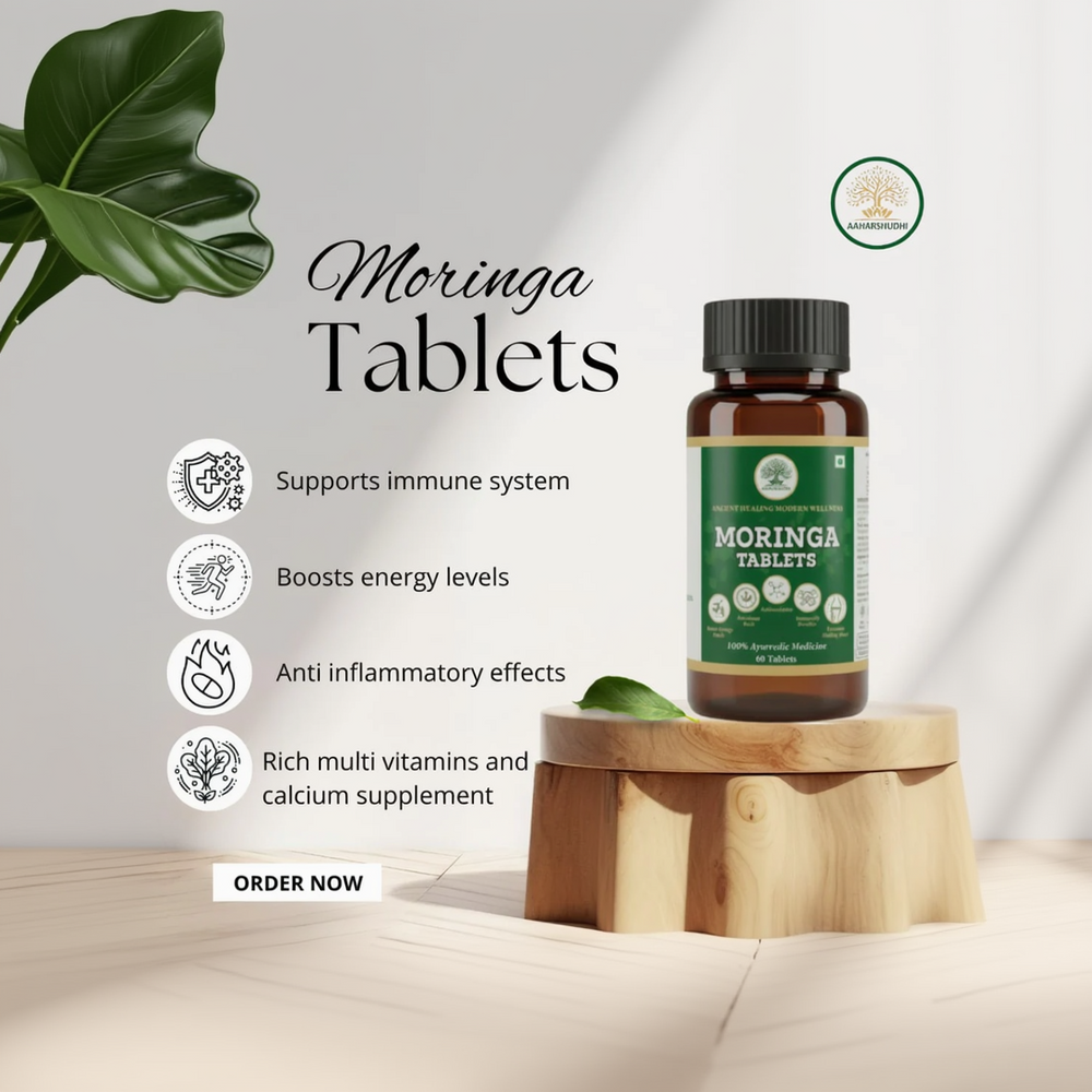 Bottle of Moringa Tablets with benefits listed on a light gray background